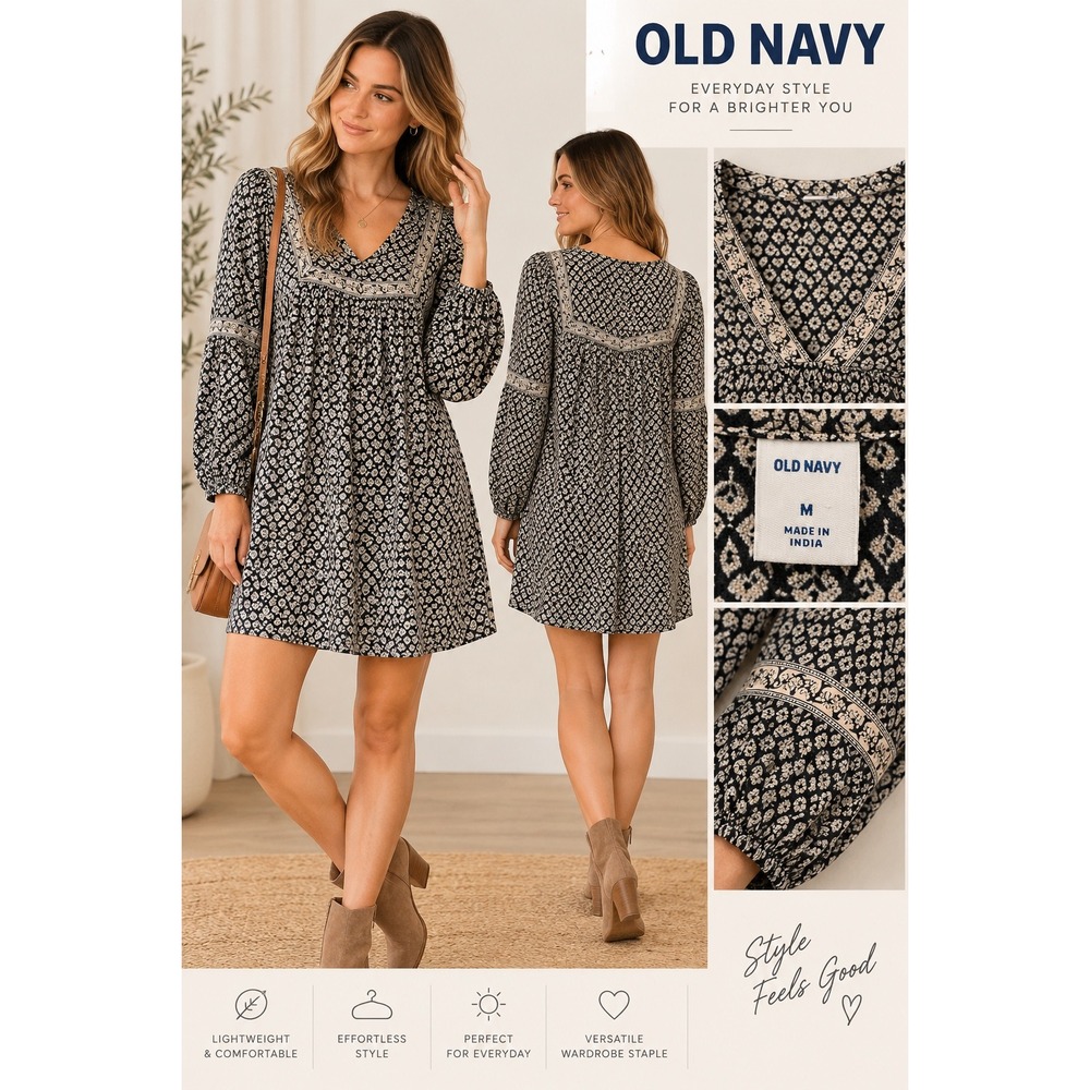 Old Navy Womens Floral V-Neck Long Sleeve Boho Mini Shift Dress Black White M